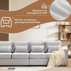 Zyloyal10 Modernes 4-Sitzer Leinensofa mit Armlehnentaschen und 4 Kissen