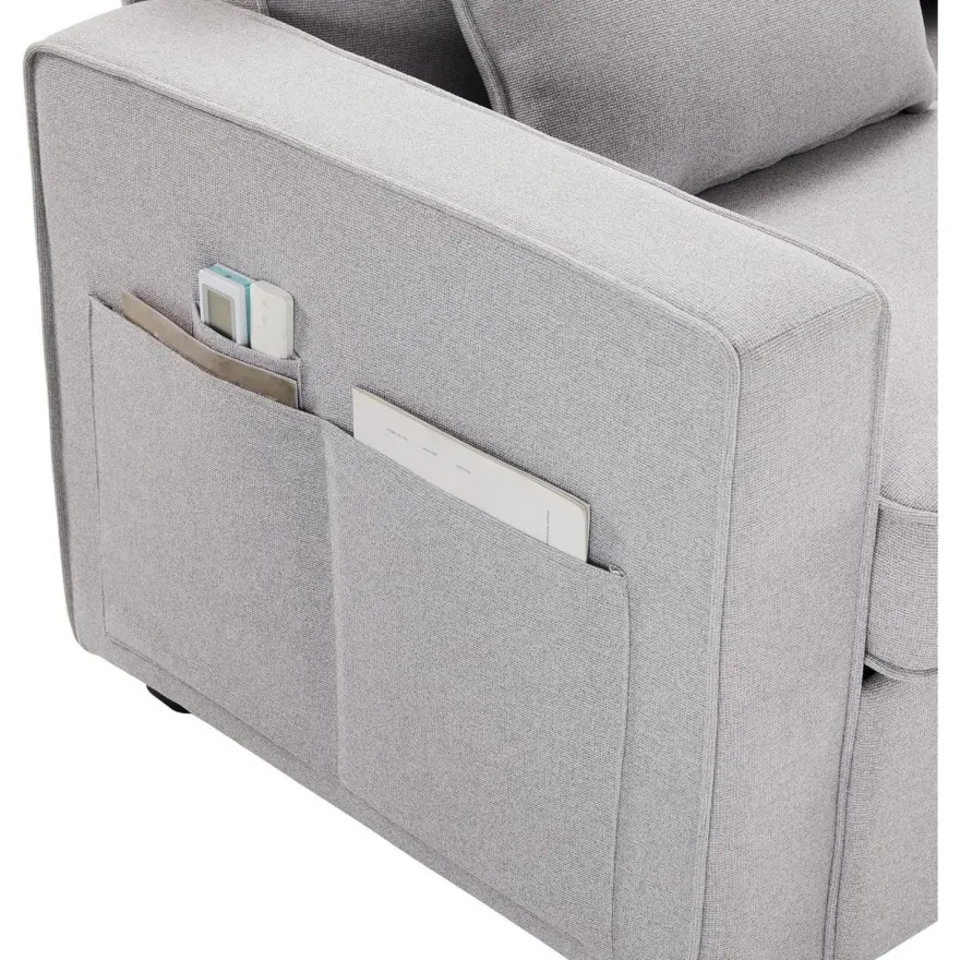 Zyloyal10 Modernes 4-Sitzer Leinensofa mit Armlehnentaschen und 4 Kissen