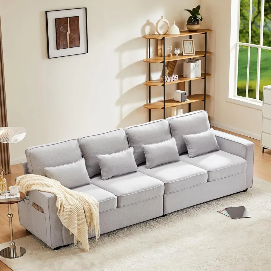 Zyloyal10 Modernes 4-Sitzer Leinensofa mit Armlehnentaschen und 4 Kissen