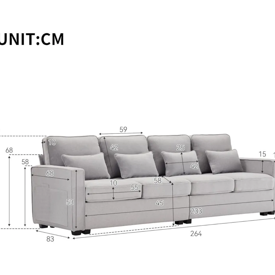 Zyloyal10 Modernes 4-Sitzer Leinensofa mit Armlehnentaschen und 4 Kissen